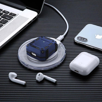 Durable AirPods Protective Cover for Everyday Travel and Use shown on wireless charger with AirPods and smartphone