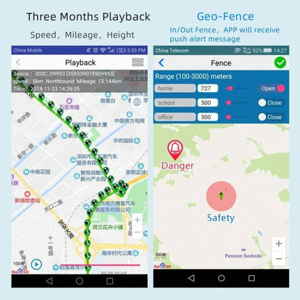 G11 Magnetic Vehicle GPS Tracker for Easy Location Tracking - app playback and geo-fence map showing route, speed, mileage and safety alerts