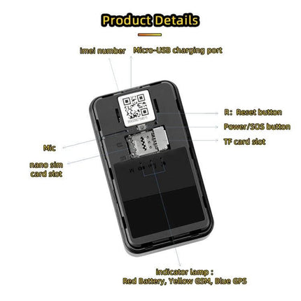 G11 Magnetic Vehicle GPS Tracker for Easy Location Tracking showing product details: SIM slot, TF slot, micro-USB port, reset and SOS buttons
