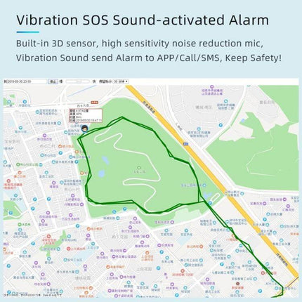 G11 Magnetic Vehicle GPS Tracker for Easy Location Tracking showing vibration SOS sound-activated alarm route on city map