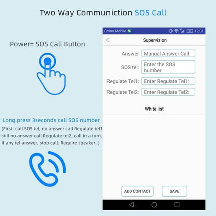 G11 Magnetic Vehicle GPS Tracker for Easy Location Tracking - SOS two way communication setup screen showing SOS call button and contact entry