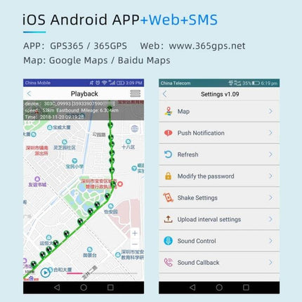 G11 Magnetic Vehicle GPS Tracker for Easy Location Tracking - mobile app playback map and settings for GPS365 web SMS monitoring