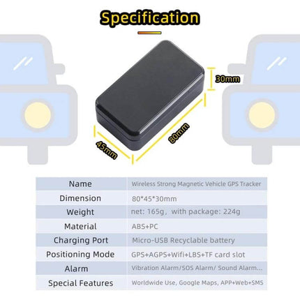 G11 Magnetic Vehicle GPS Tracker for Easy Location Tracking black magnetic tracker with dimensions 80x45x30mm and spec table