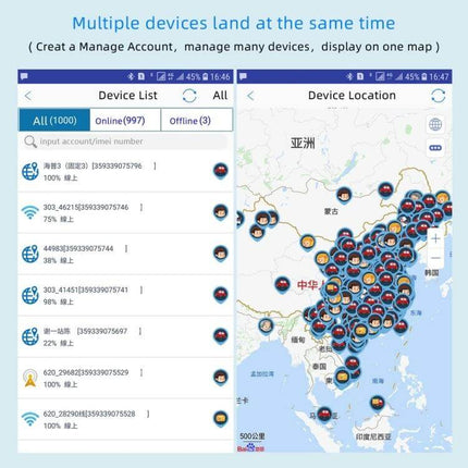 G11 Magnetic Vehicle GPS Tracker for Easy Location Tracking app device list and map view showing multiple trackers on China map