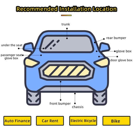 G11 Magnetic Vehicle GPS Tracker for Easy Location Tracking installed locations diagram showing trunk, under seat, rear bumper, glove box, front bumper, chassis