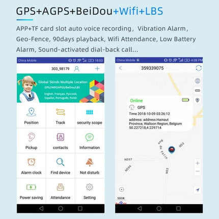 G11 Magnetic Vehicle GPS Tracker for Easy Location Tracking app interface showing GPS+AGPS+BeiDou+Wifi+LBS positioning and map view