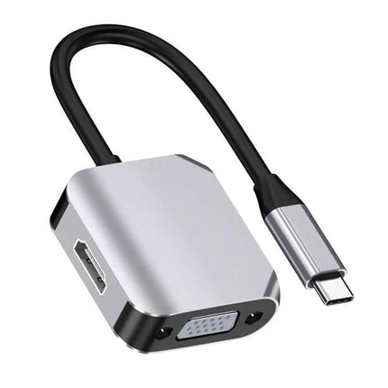 USB-C Adapter for HDMI and VGA Video Connections — silver USB-C to HDMI and VGA dual-port adapter for presentations, conferencing, and screen extension