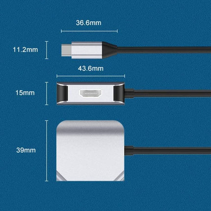 USB-C Adapter for HDMI and VGA Video Connections showing USB-C plug, HDMI/VGA housing and product dimensions on blue background