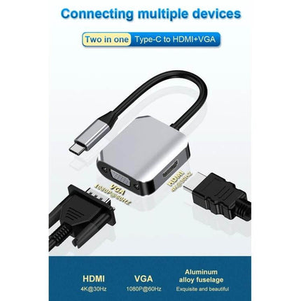 USB-C Adapter for HDMI and VGA Video Connections — compact USB-C to HDMI (4K@30Hz) and VGA (1080p@60Hz) adapter for presentations and dual displays