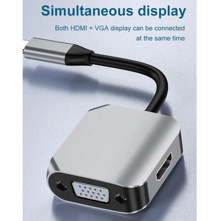 USB-C Adapter for HDMI and VGA Video Connections silver adapter showing HDMI and VGA ports for simultaneous display, ideal for presentations and streaming