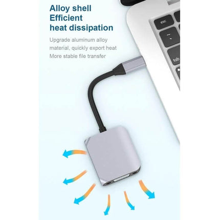 USB-C Adapter for HDMI and VGA Video Connections showing alloy shell plugged into laptop with arrows indicating heat dissipation and dual HDMI/VGA output