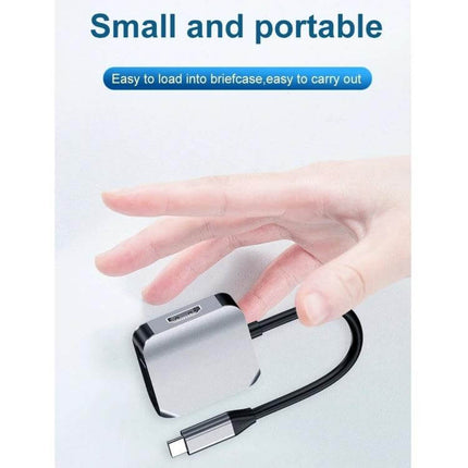 USB-C Adapter for HDMI and VGA Video Connections small portable adapter shown in hand for presentations and screen mirroring