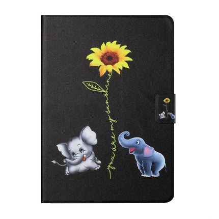 Horizontal Flip Leather Case for 10-Inch Tablets with Holder and Card Slots - black sunflower and playful elephant design, flip stand and card slots
