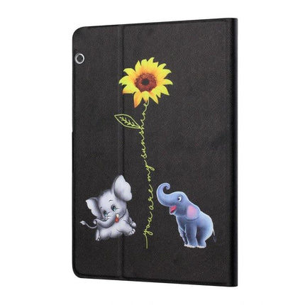 Horizontal Flip Leather Case for 10-Inch Tablets with Holder and Card Slots - black sunflower design with two cartoon elephants