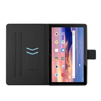 Horizontal Flip Leather Case for 10-Inch Tablets with Holder and Card Slots - black folio showing tablet, holder stand, and card slots