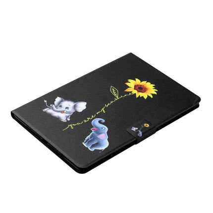 Horizontal Flip Leather Case for 10-Inch Tablets with Holder and Card Slots - black floral sunflower with cartoon elephants design, protective stand