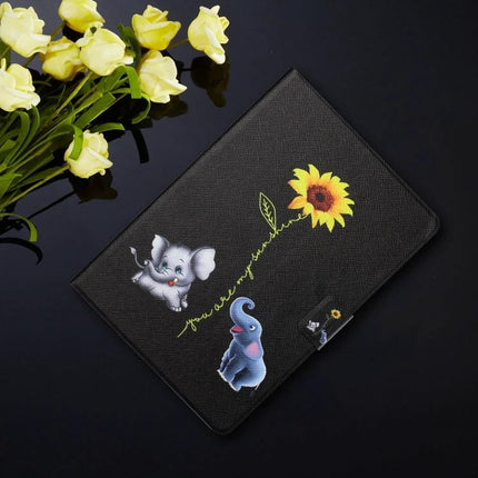 Horizontal Flip Leather Case for 10-Inch Tablets with Holder and Card Slots - black sunflower & elephant print protective cover