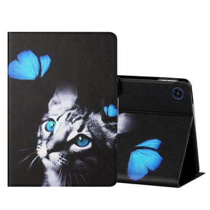 Horizontal Flip Leather Case for 10-Inch Tablets with Holder and Card Slots - black cat and blue butterfly print protective folio