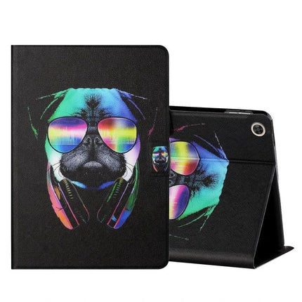 Horizontal Flip Leather Case for 10-Inch Tablets with Holder and Card Slots - black case with colorful pug wearing sunglasses and headphones