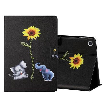 Horizontal Flip Leather Case for 10-Inch Tablets with Holder and Card Slots - black sunflower design with playful elephants, stand and card slots