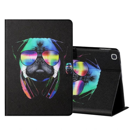Horizontal Flip Leather Case for 10-Inch Tablets with Holder and Card Slots featuring colorful dog with sunglasses and headphones, protective folio stand