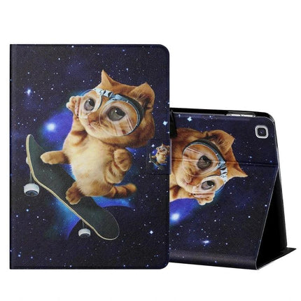 Horizontal Flip Leather Case for 10-Inch Tablets with Holder and Card Slots - space cat skateboard design, protective folio for students and professionals