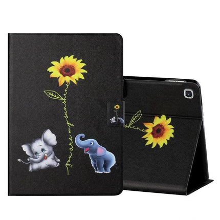 Leather Flip Case for Samsung Galaxy Tab S6 Lite with Card Slots - black sunflower design with elephant and baby elephant illustrations