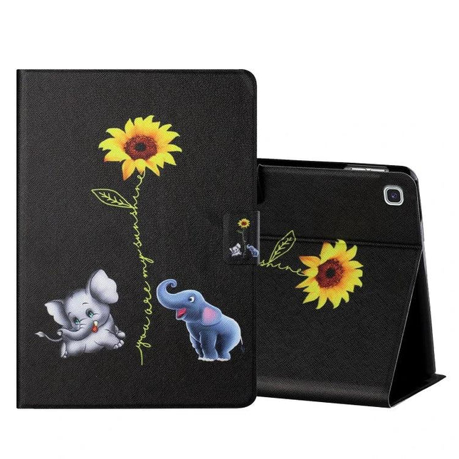 Leather Flip Case for Samsung Galaxy Tab S6 Lite with Card Slots - black sunflower design with elephant and baby elephant illustrations