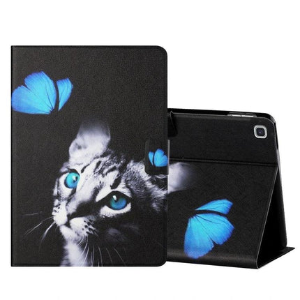 Leather Flip Case for Samsung Galaxy Tab S6 Lite with Card Slots - black leather cover with blue-eyed cat and blue butterflies