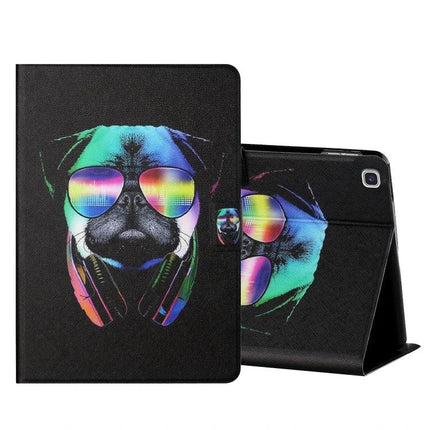 Leather Flip Case for Samsung Galaxy Tab S6 Lite with Card Slots — black leather case with colorful pug wearing sunglasses and headphones