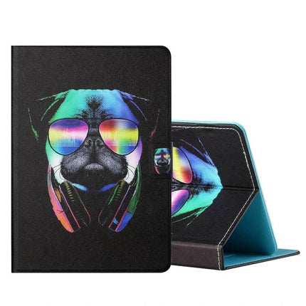 Leather Flip Case for Samsung Galaxy Tab S6 Lite with Card Slots - black faux leather cover with colorful sunglasses pug and foldable stand
