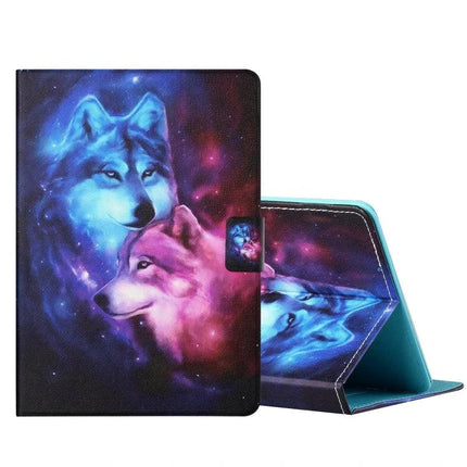 Leather Flip Case for Samsung Galaxy Tab S6 Lite with Card Slots showing galaxy wolf print tri-fold stand and card slot interior