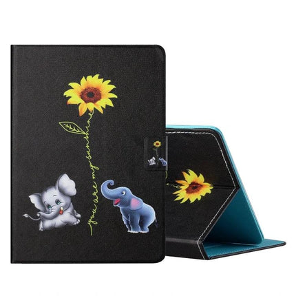 Leather Flip Case for Samsung Galaxy Tab S6 Lite with Card Slots - black sunflower print with cute elephants, tri-fold stand and card slot