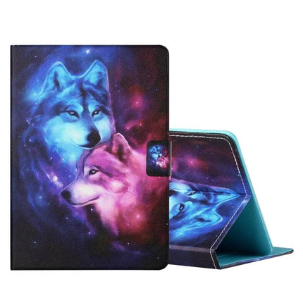 Leather Flip Case for Samsung Galaxy Tab S6 Lite with Card Slots - wolf galaxy print foldable leather cover with card slots and stand