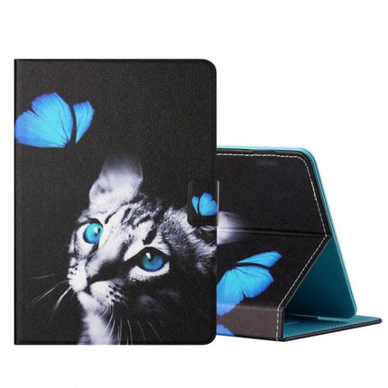 Leather Flip Case for Samsung Galaxy Tab S6 Lite with Card Slots - black leather folio with cat and blue butterfly design, built-in card slots