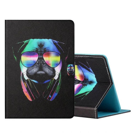 Leather Flip Case for Samsung Galaxy Tab S6 Lite with Card Slots - black leather folio with colorful pug wearing sunglasses and headphones, built-in card slots