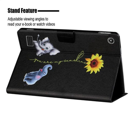 Leather Protective Case for Amazon Kindle Fire HD with Card Slots - black stand case with elephant, kitten and sunflower design