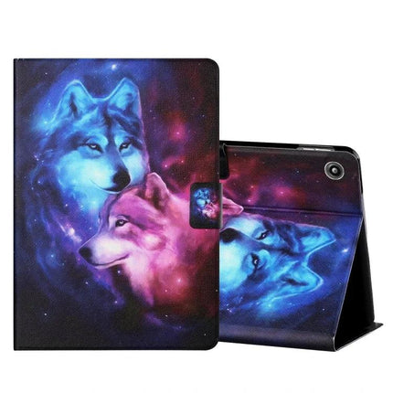 Leather Protective Case for Amazon Kindle Fire HD with Card Slots featuring blue and pink cosmic wolf artwork