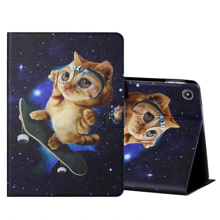 Leather Protective Case for Amazon Kindle Fire HD with Card Slots featuring a whimsical space cat on a skateboard design