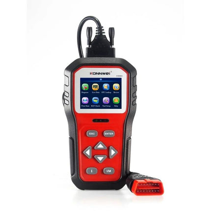 Konnwei Tool for Checking Car Batteries in Daily Drives - red OBD2 diagnostic scanner with screen and connector