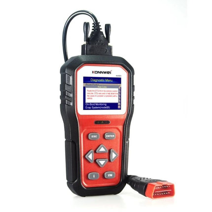 Konnwei Tool for Checking Car Batteries in Daily Drives handheld OBD2 scanner showing diagnostic menu and red connector