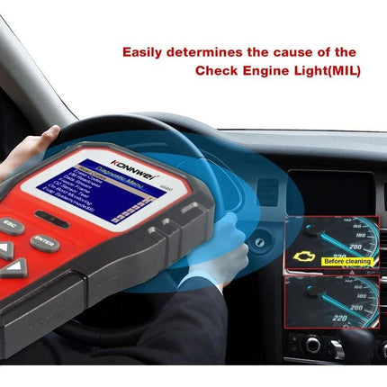 Konnwei Tool for Checking Car Batteries in Daily Drives showing OBD2 scanner detecting check engine light and dashboard readings