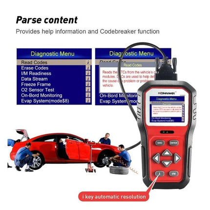 Konnwei Tool for Checking Car Batteries in Daily Drives OBD2 scanner showing diagnostic menu and mechanics servicing red car