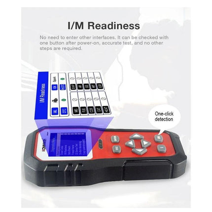 Konnwei Tool for Checking Car Batteries in Daily Drives handheld OBD2 scanner showing I/M readiness screen and one-click detection