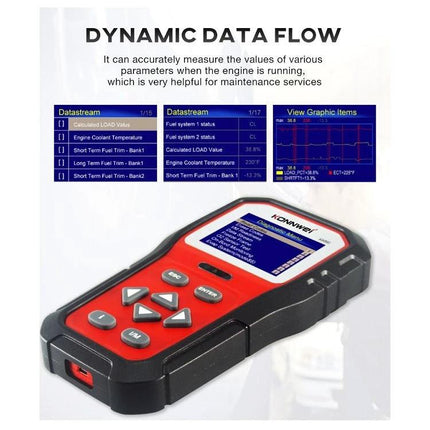 Konnwei Tool for Checking Car Batteries in Daily Drives handheld OBD2 scanner showing dynamic data flow and live engine/battery readings