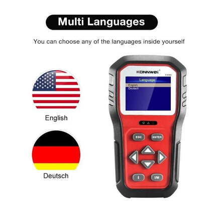 Konnwei Tool for Checking Car Batteries in Daily Drives handheld OBD2 scanner showing multi-language English and Deutsch screen