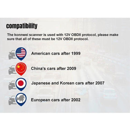 Konnwei Tool for Checking Car Batteries in Daily Drives compatibility chart showing compatible car regions and years