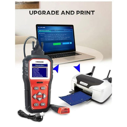 Konnwei Tool for Checking Car Batteries in Daily Drives handheld OBD2 scanner with laptop and printer for upgrade and print maintenance