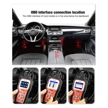 Konnwei Tool for Checking Car Batteries in Daily Drives — OBD2 scanner showing dashboard OBD interface locations and handheld diagnostic readouts