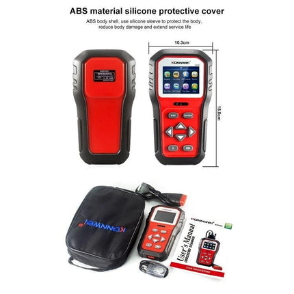 Konnwei Tool for Checking Car Batteries in Daily Drives handheld OBD2 scanner with protective cover, cable, and carrying case